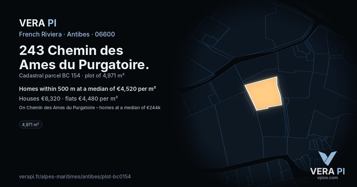 243 Chemin des Ames du Purgatoire, Antibes at night – the plot lit, the parcels around coloured by the prices near them