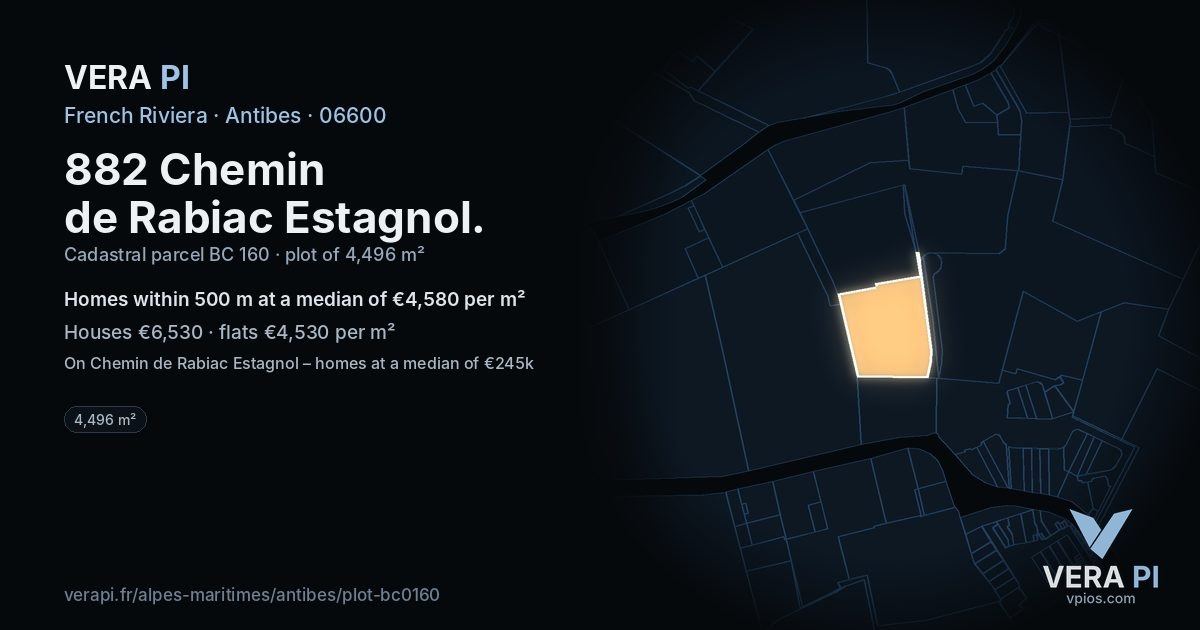 882 Chemin de Rabiac Estagnol, Antibes at night – the plot lit, the parcels around coloured by the prices near them