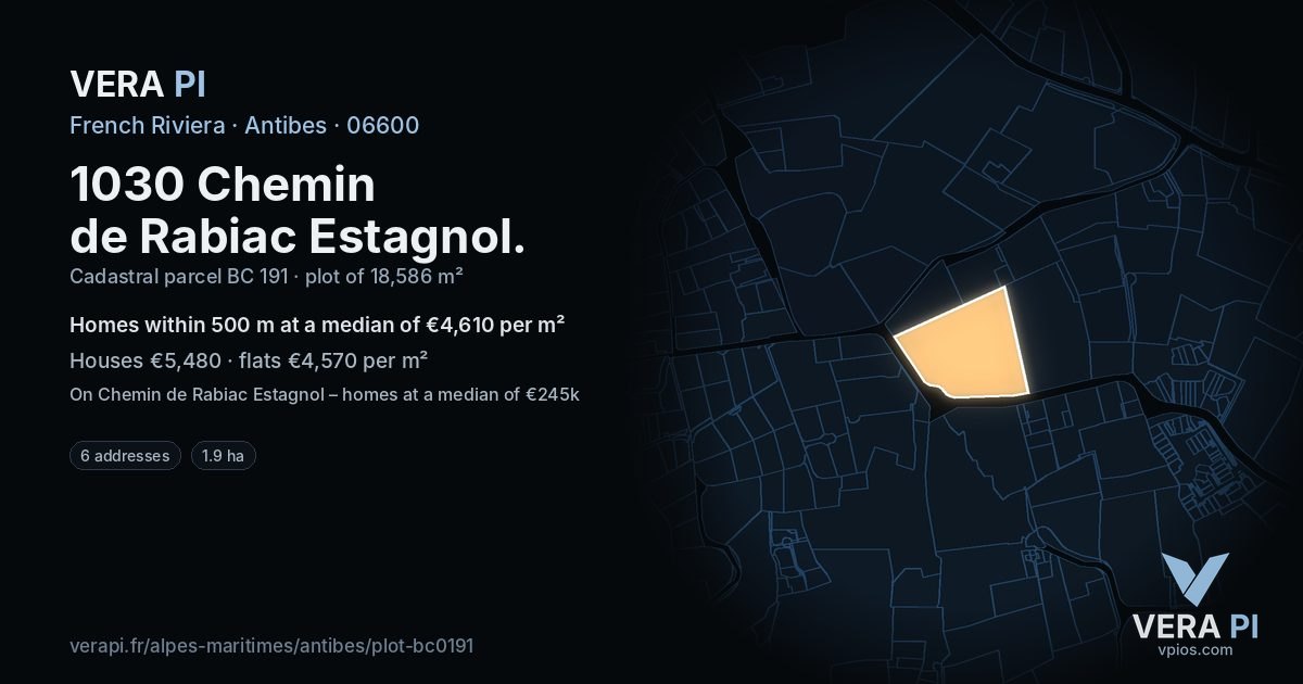 1030 Chemin de Rabiac Estagnol, Antibes at night – the plot lit, the parcels around coloured by the prices near them