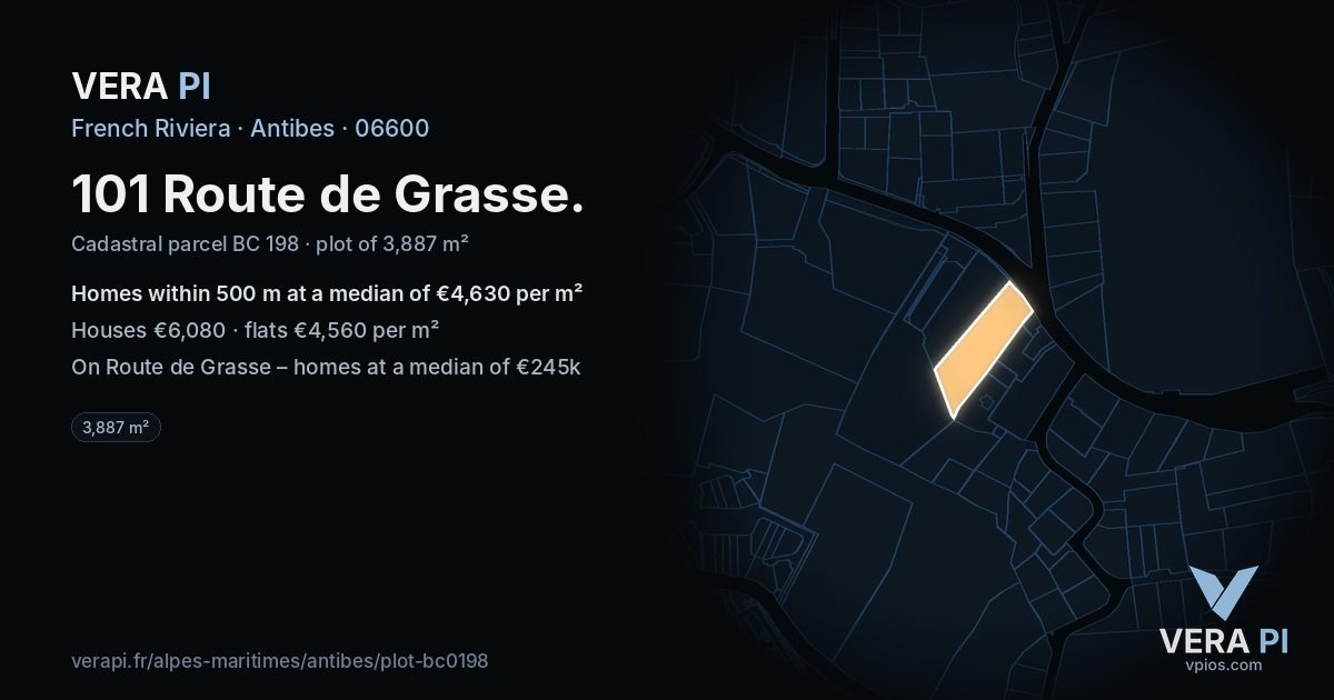 101 Route de Grasse, Antibes at night – the plot lit, the parcels around coloured by the prices near them
