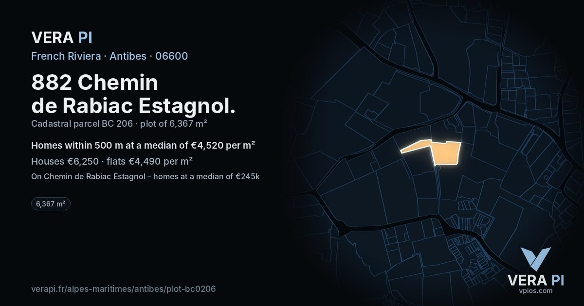 882 Chemin de Rabiac Estagnol, Antibes at night – the plot lit, the parcels around coloured by the prices near them