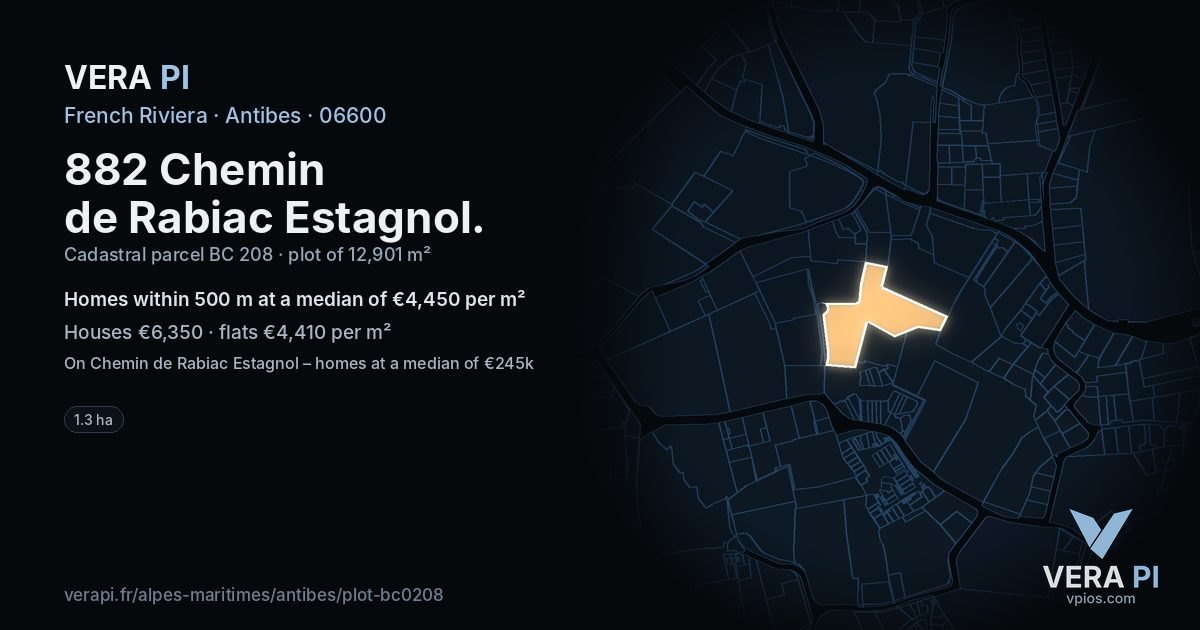 882 Chemin de Rabiac Estagnol, Antibes at night – the plot lit, the parcels around coloured by the prices near them