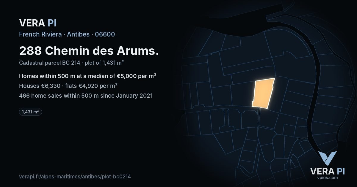 288 Chemin des Arums, Antibes at night – the plot lit, the parcels around coloured by the prices near them