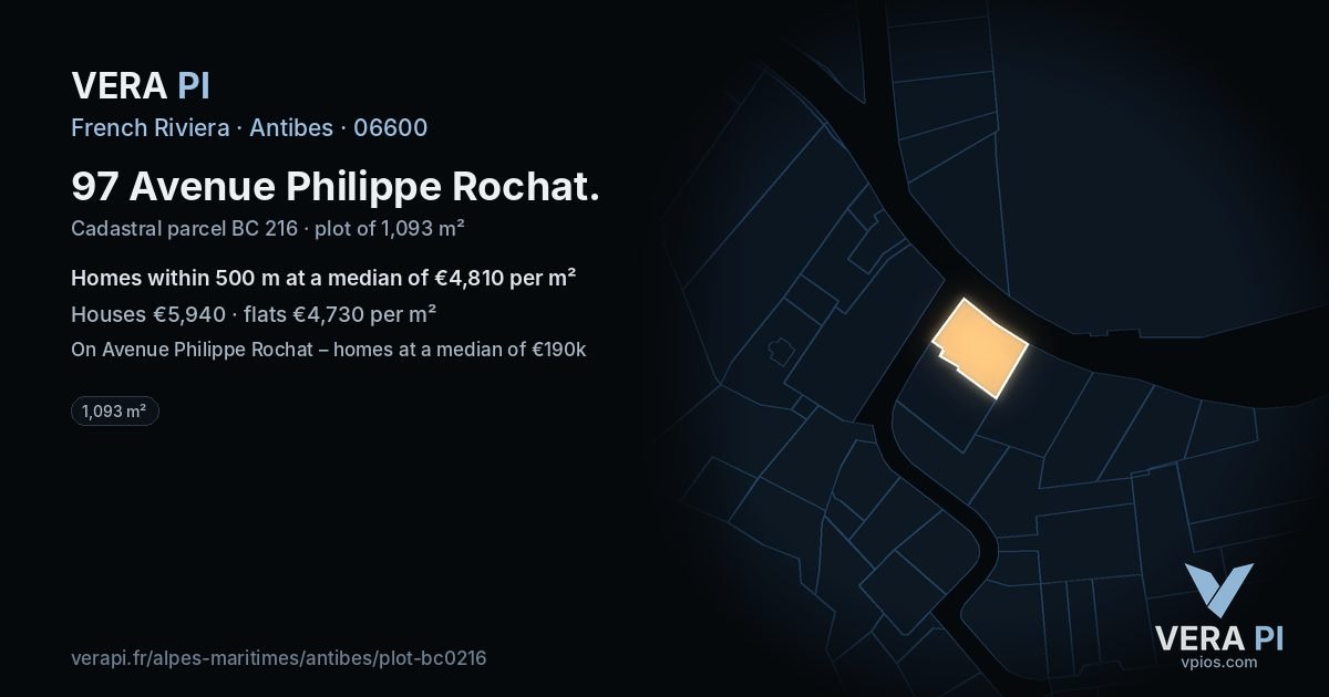97 Avenue Philippe Rochat, Antibes at night – the plot lit, the parcels around coloured by the prices near them