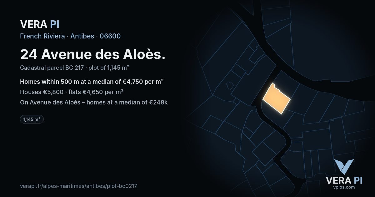 24 Avenue des Aloès, Antibes at night – the plot lit, the parcels around coloured by the prices near them
