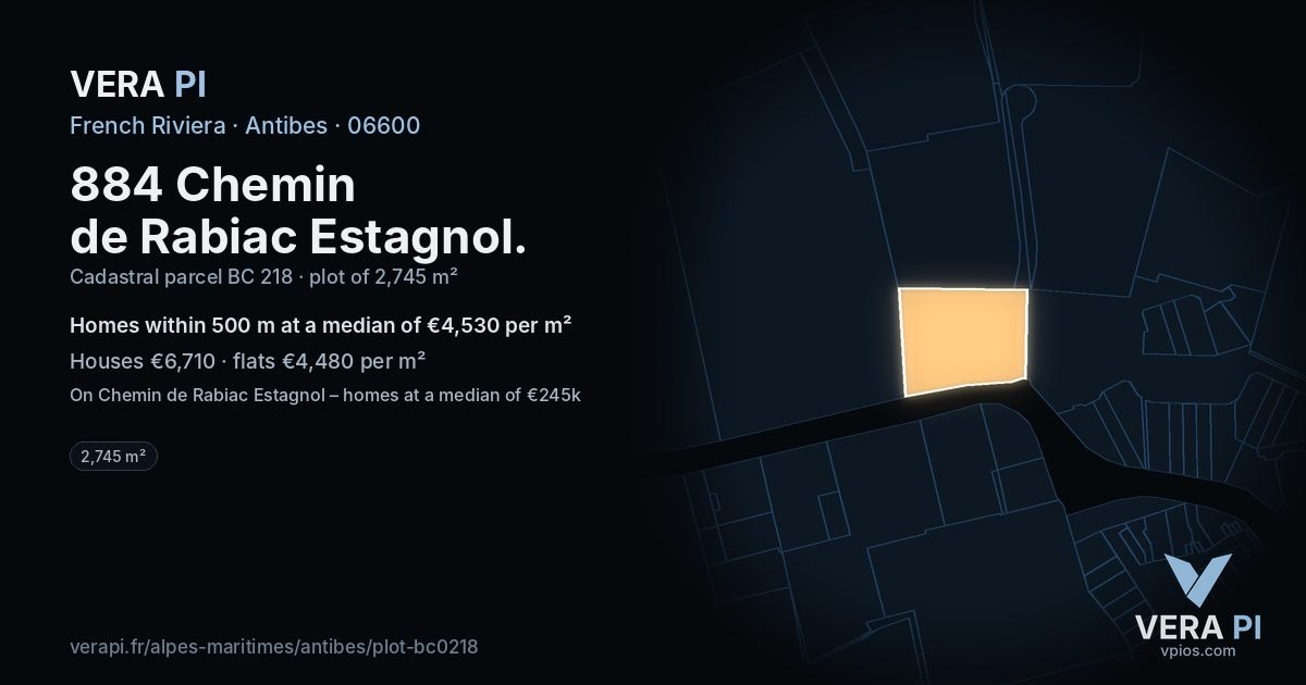 884 Chemin de Rabiac Estagnol, Antibes at night – the plot lit, the parcels around coloured by the prices near them