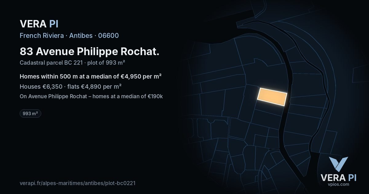 83 Avenue Philippe Rochat, Antibes at night – the plot lit, the parcels around coloured by the prices near them