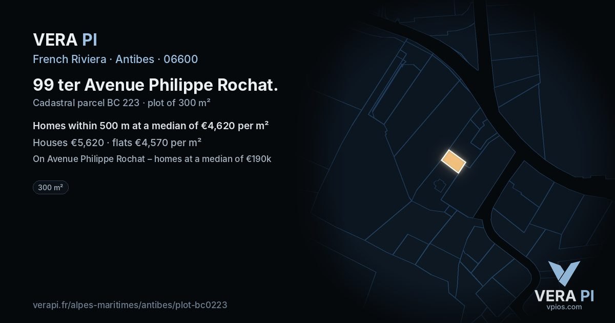 99 ter Avenue Philippe Rochat, Antibes at night – the plot lit, the parcels around coloured by the prices near them