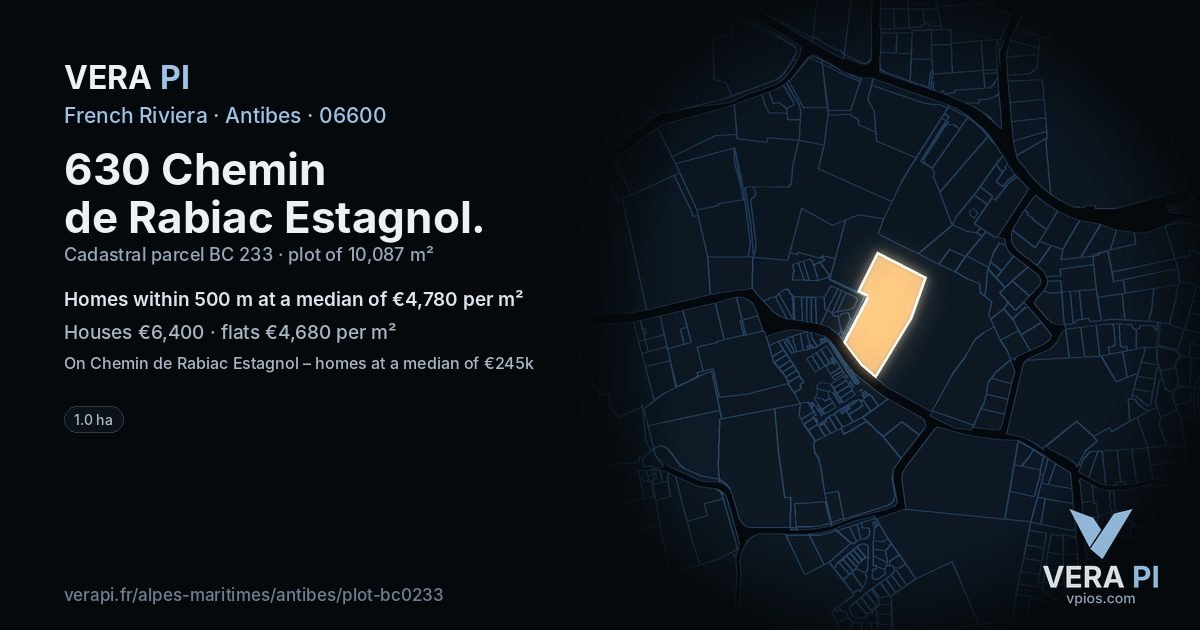 630 Chemin de Rabiac Estagnol, Antibes at night – the plot lit, the parcels around coloured by the prices near them