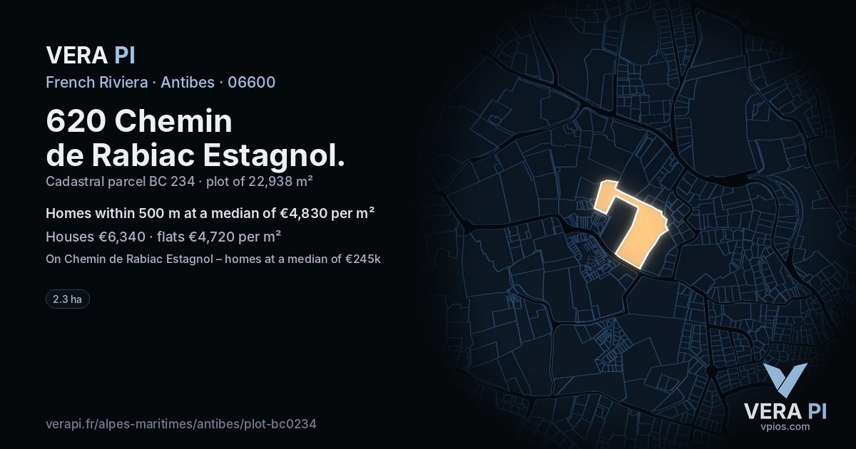620 Chemin de Rabiac Estagnol, Antibes at night – the plot lit, the parcels around coloured by the prices near them