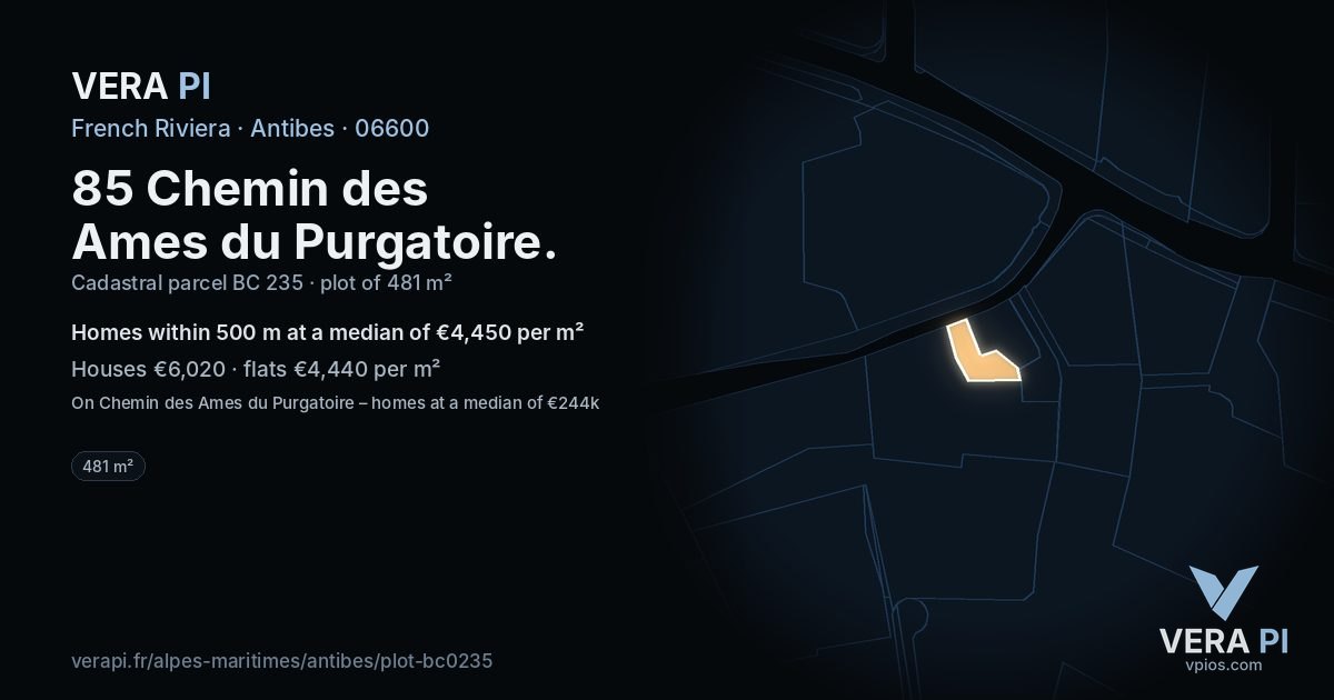 85 Chemin des Ames du Purgatoire, Antibes at night – the plot lit, the parcels around coloured by the prices near them