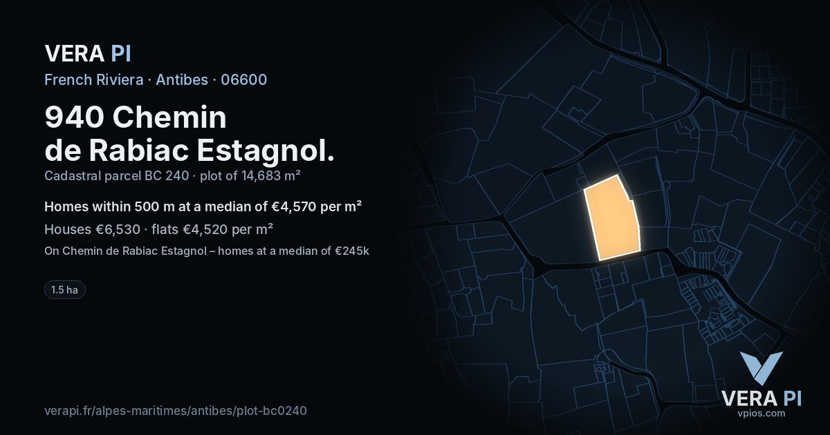 940 Chemin de Rabiac Estagnol, Antibes at night – the plot lit, the parcels around coloured by the prices near them