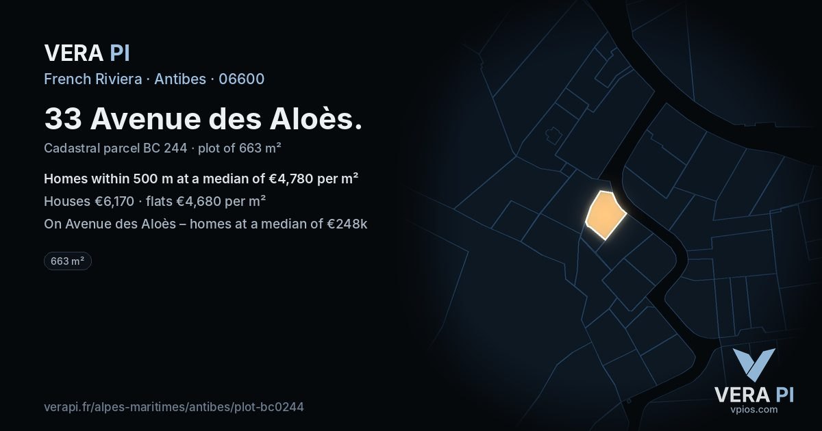 33 Avenue des Aloès, Antibes at night – the plot lit, the parcels around coloured by the prices near them