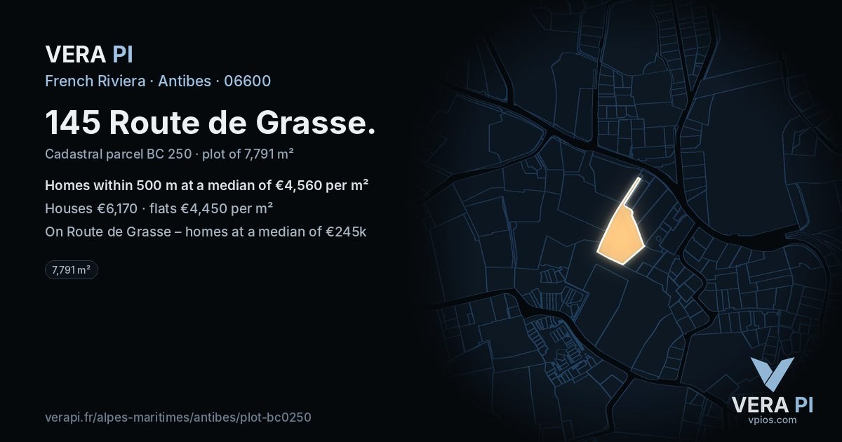 145 Route de Grasse, Antibes at night – the plot lit, the parcels around coloured by the prices near them