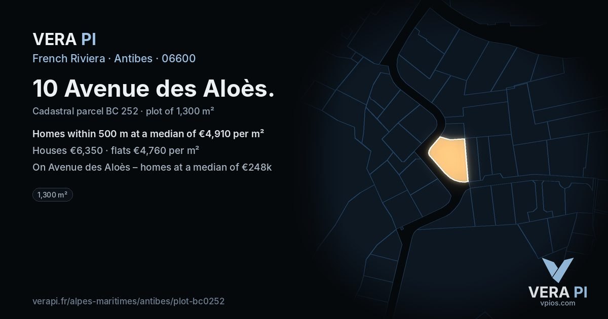 10 Avenue des Aloès, Antibes at night – the plot lit, the parcels around coloured by the prices near them