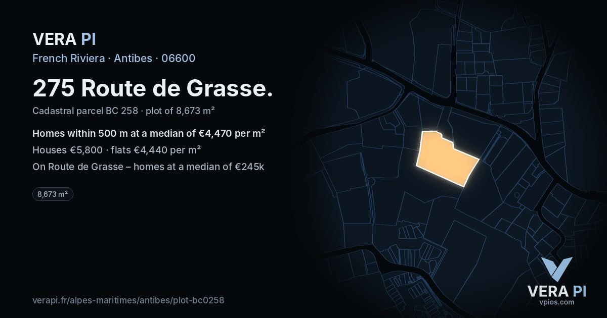 275 Route de Grasse, Antibes at night – the plot lit, the parcels around coloured by the prices near them