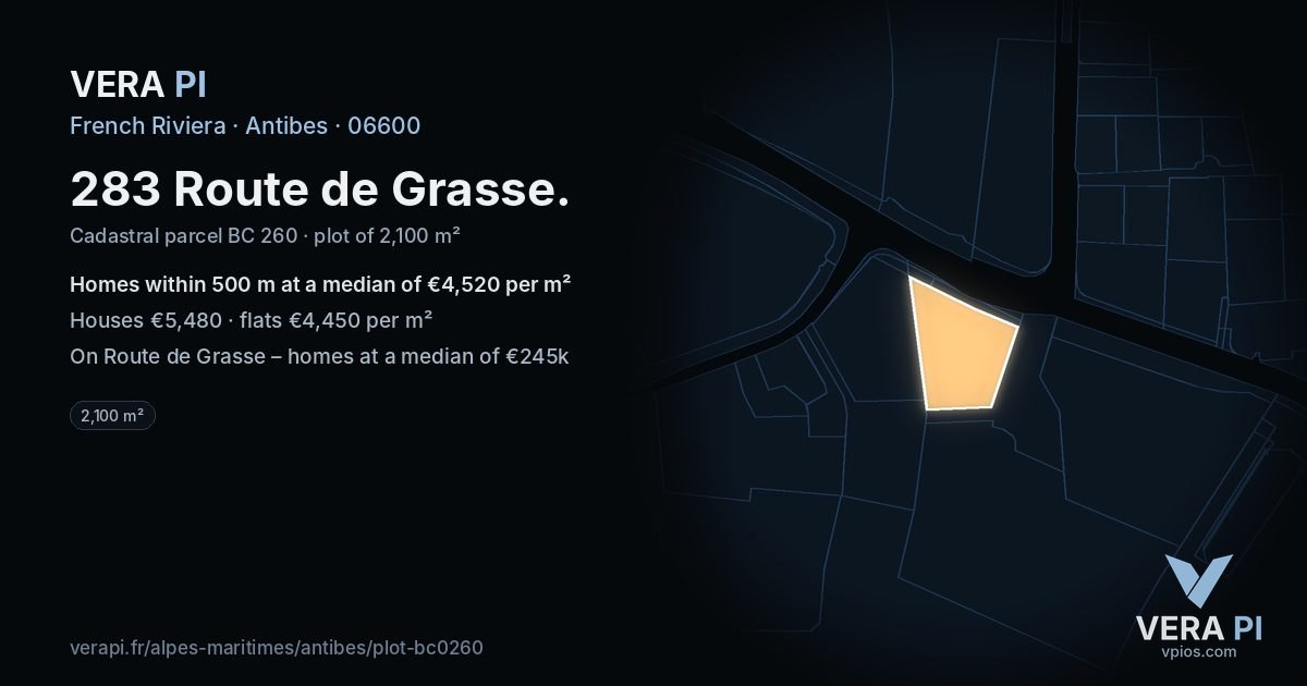 283 Route de Grasse, Antibes at night – the plot lit, the parcels around coloured by the prices near them