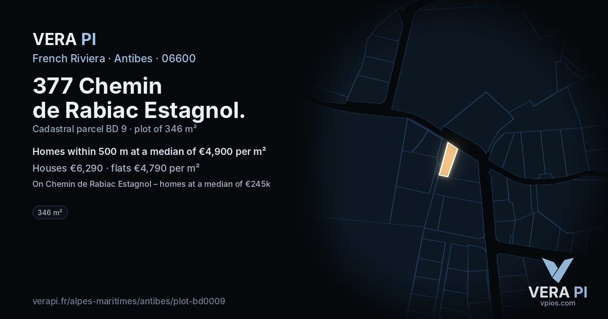 377 Chemin de Rabiac Estagnol, Antibes at night – the plot lit, the parcels around coloured by the prices near them