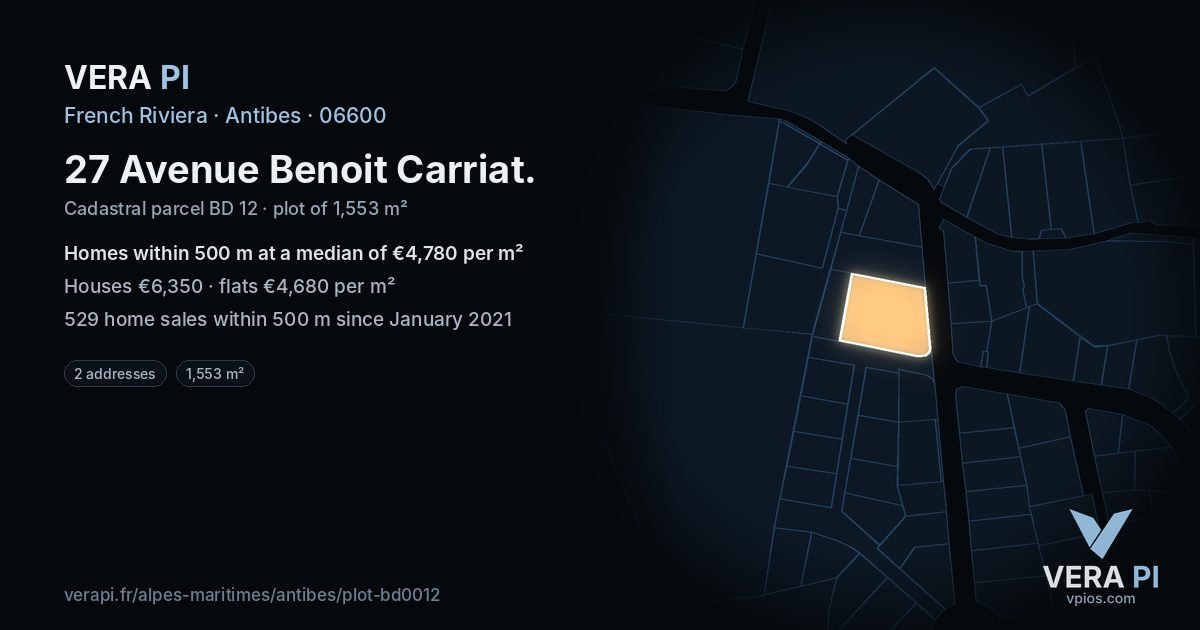 27 Avenue Benoit Carriat, Antibes at night – the plot lit, the parcels around coloured by the prices near them