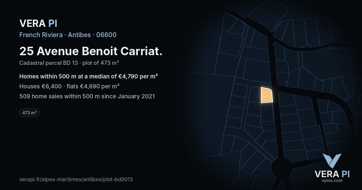 25 Avenue Benoit Carriat, Antibes at night – the plot lit, the parcels around coloured by the prices near them