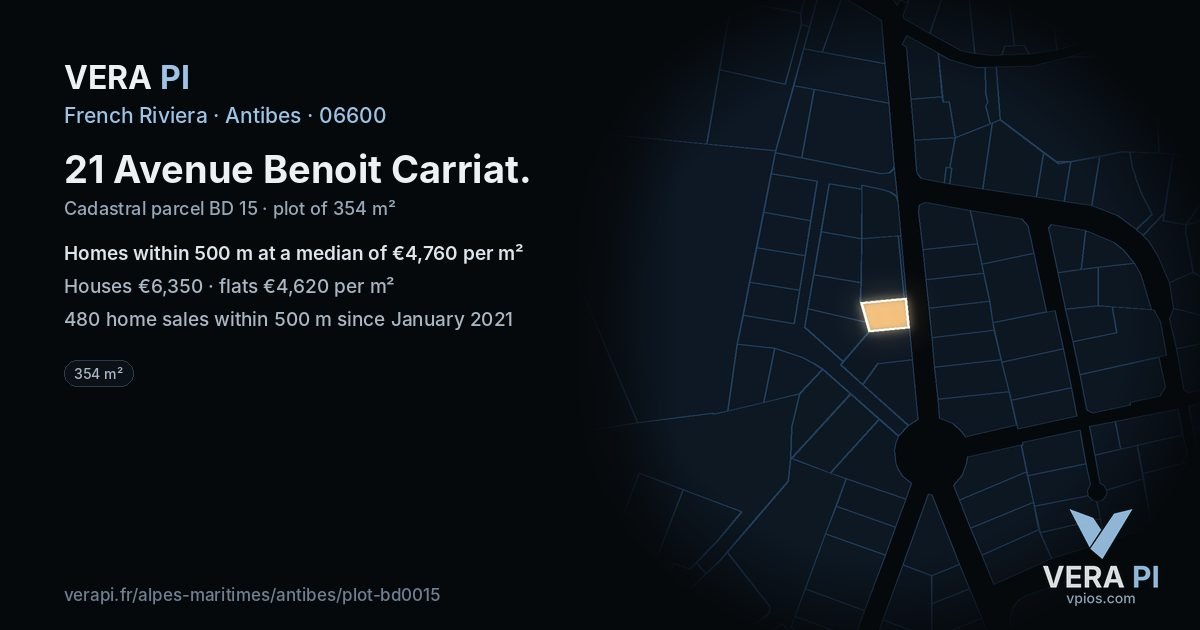 21 Avenue Benoit Carriat, Antibes at night – the plot lit, the parcels around coloured by the prices near them
