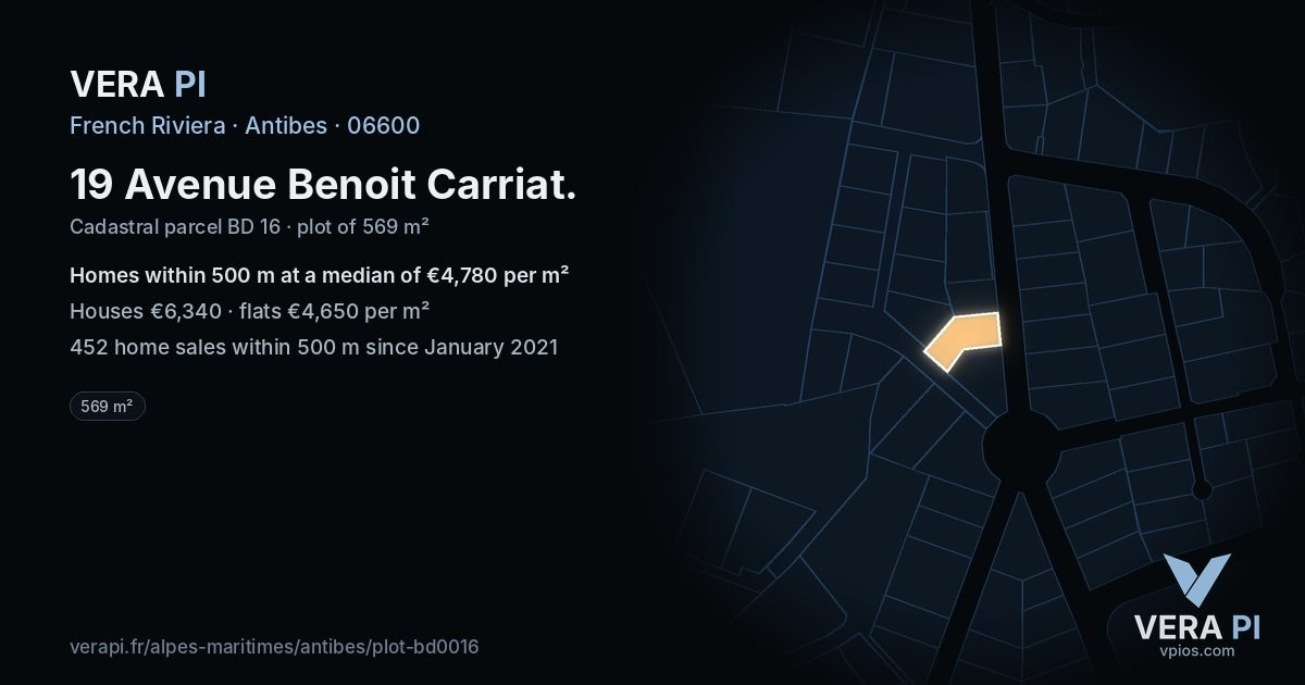 19 Avenue Benoit Carriat, Antibes at night – the plot lit, the parcels around coloured by the prices near them