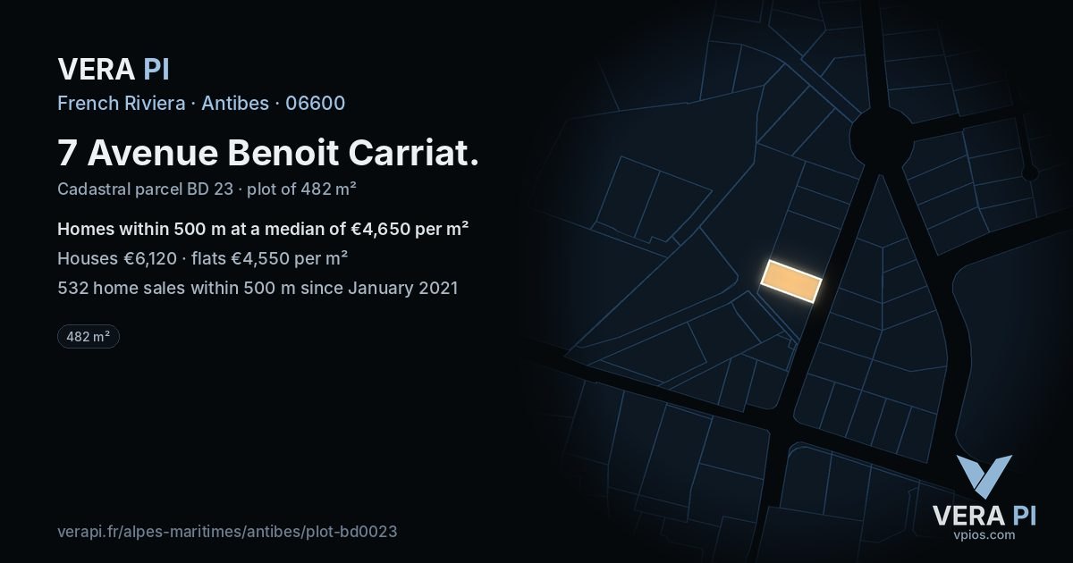 7 Avenue Benoit Carriat, Antibes at night – the plot lit, the parcels around coloured by the prices near them
