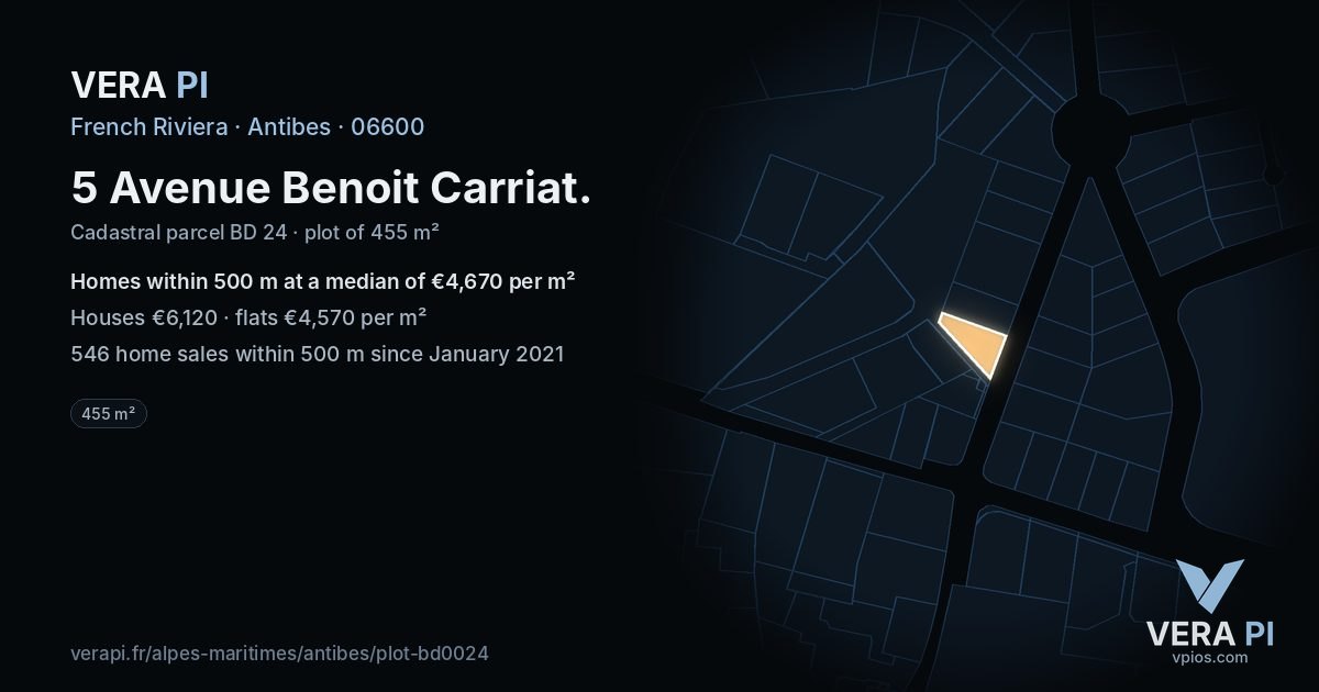 5 Avenue Benoit Carriat, Antibes at night – the plot lit, the parcels around coloured by the prices near them