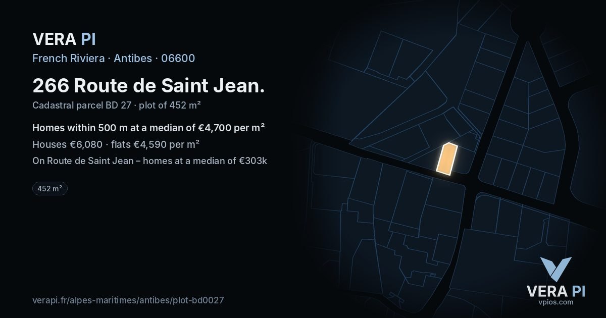 266 Route de Saint Jean, Antibes at night – the plot lit, the parcels around coloured by the prices near them