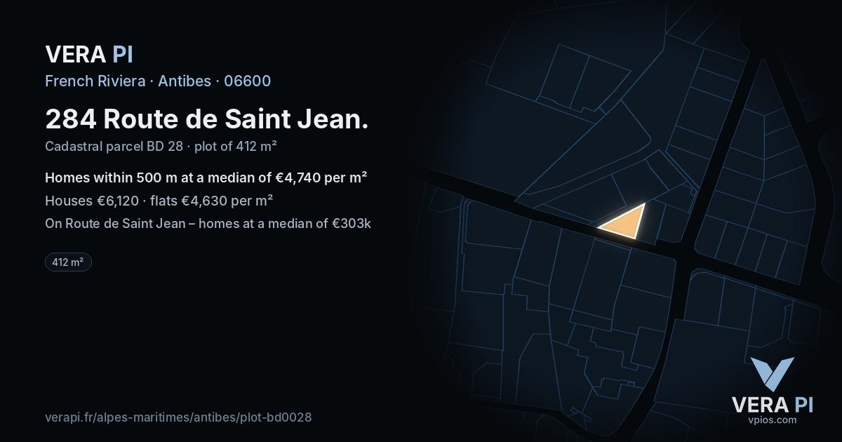 284 Route de Saint Jean, Antibes at night – the plot lit, the parcels around coloured by the prices near them