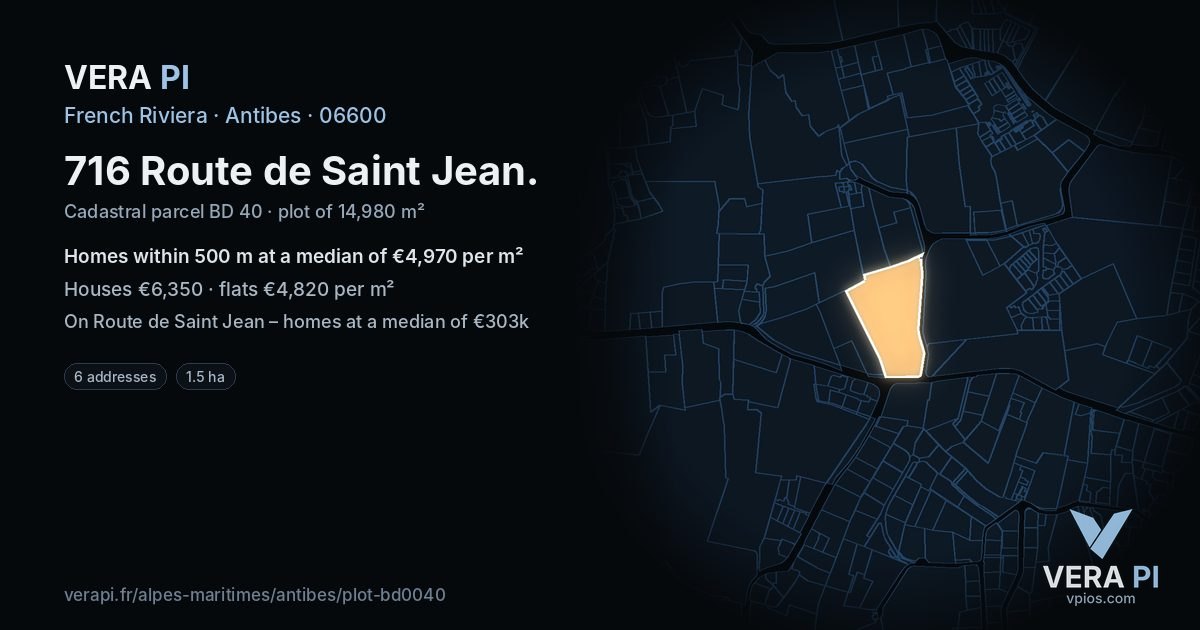 716 Route de Saint Jean, Antibes at night – the plot lit, the parcels around coloured by the prices near them