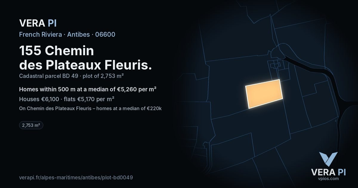 155 Chemin des Plateaux Fleuris, Antibes at night – the plot lit, the parcels around coloured by the prices near them