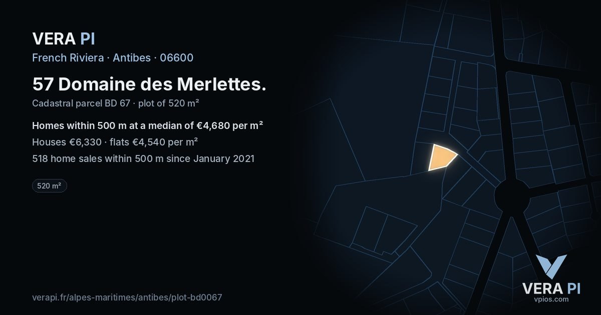 57 Domaine des Merlettes, Antibes at night – the plot lit, the parcels around coloured by the prices near them