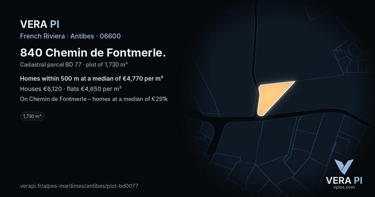 840 Chemin de Fontmerle, Antibes at night – the plot lit, the parcels around coloured by the prices near them