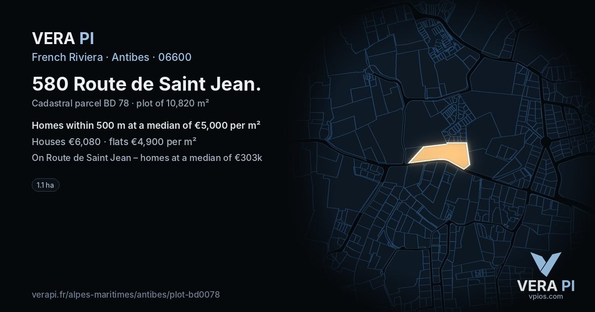 580 Route de Saint Jean, Antibes at night – the plot lit, the parcels around coloured by the prices near them