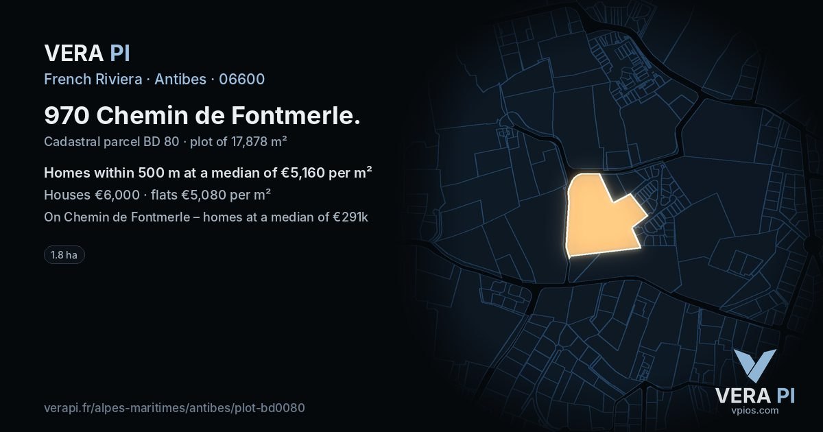 970 Chemin de Fontmerle, Antibes at night – the plot lit, the parcels around coloured by the prices near them