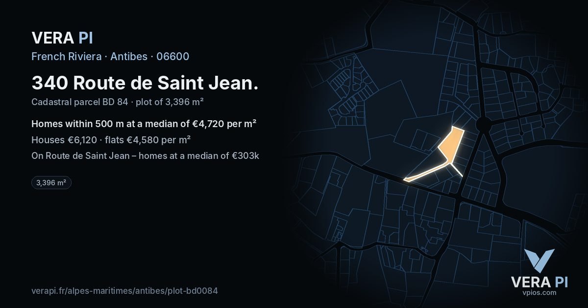 340 Route de Saint Jean, Antibes at night – the plot lit, the parcels around coloured by the prices near them