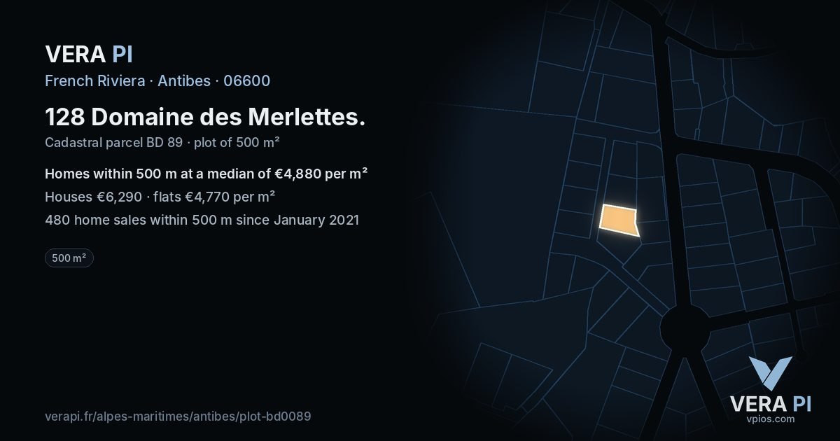 128 Domaine des Merlettes, Antibes at night – the plot lit, the parcels around coloured by the prices near them