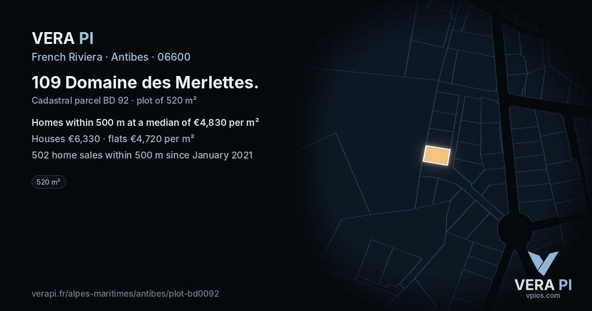 109 Domaine des Merlettes, Antibes at night – the plot lit, the parcels around coloured by the prices near them