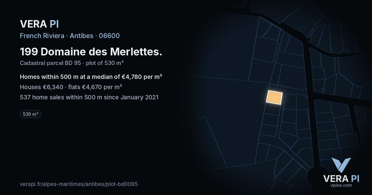 199 Domaine des Merlettes, Antibes at night – the plot lit, the parcels around coloured by the prices near them