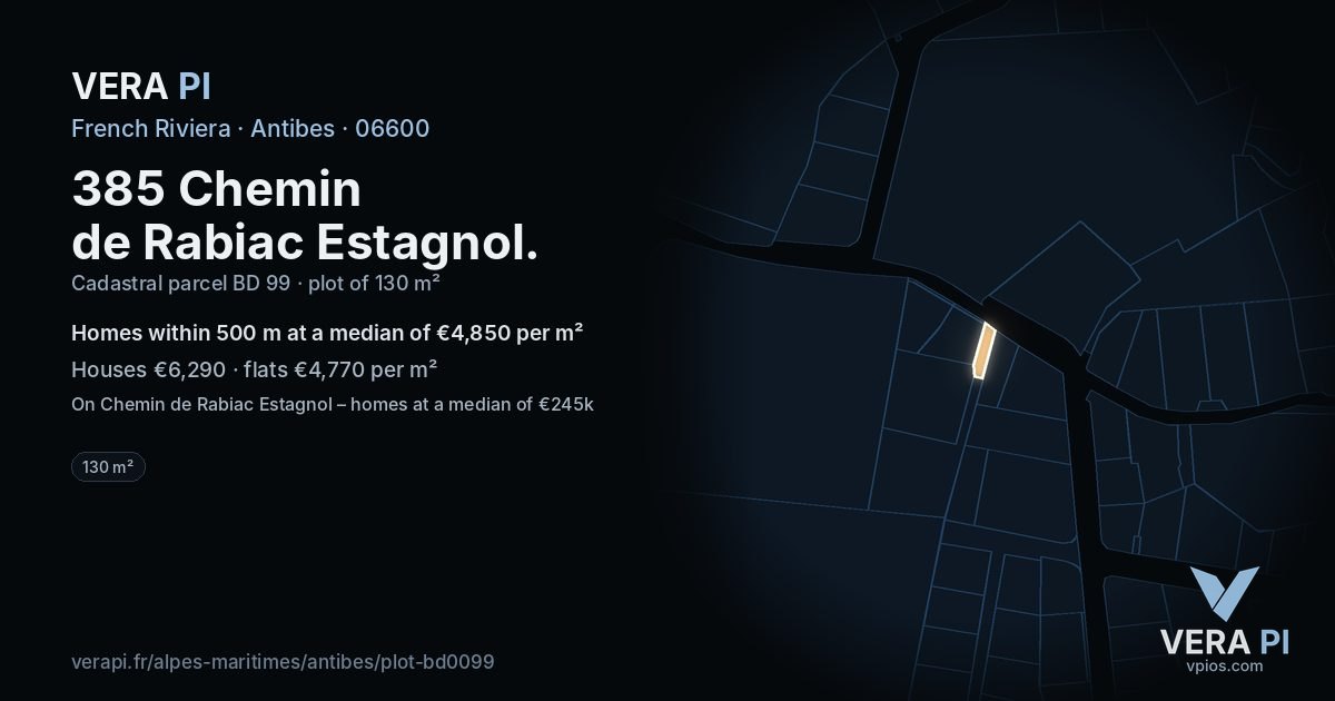 385 Chemin de Rabiac Estagnol, Antibes at night – the plot lit, the parcels around coloured by the prices near them