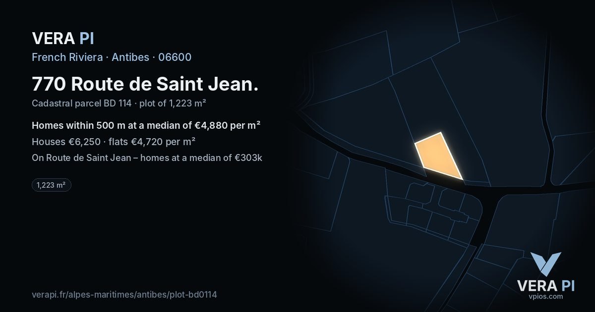 770 Route de Saint Jean, Antibes at night – the plot lit, the parcels around coloured by the prices near them