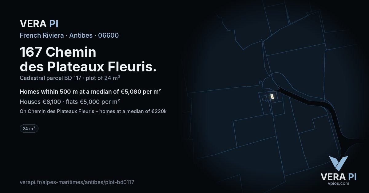 167 Chemin des Plateaux Fleuris, Antibes at night – the plot lit, the parcels around coloured by the prices near them
