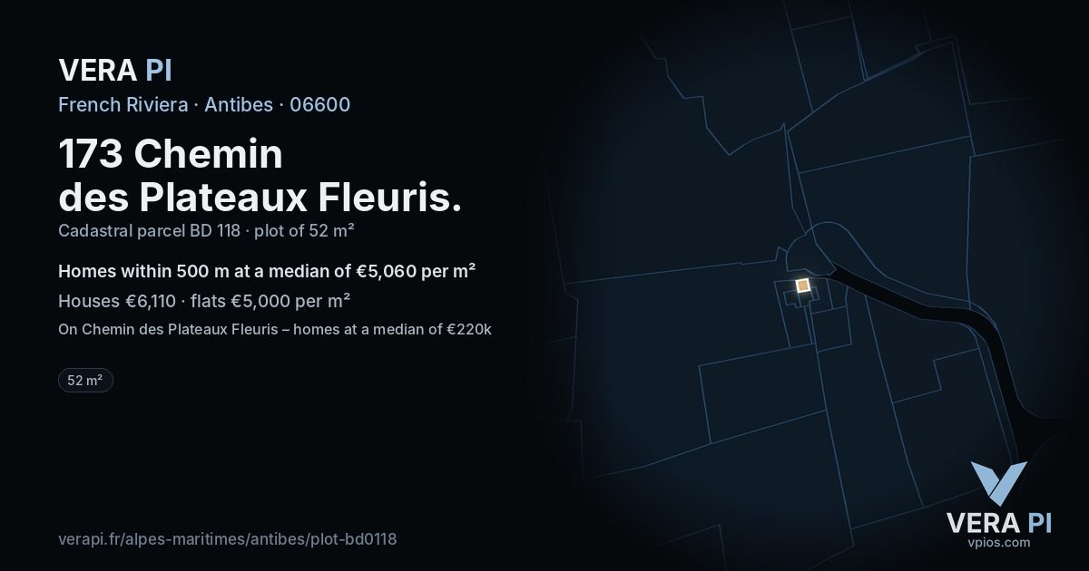 173 Chemin des Plateaux Fleuris, Antibes at night – the plot lit, the parcels around coloured by the prices near them