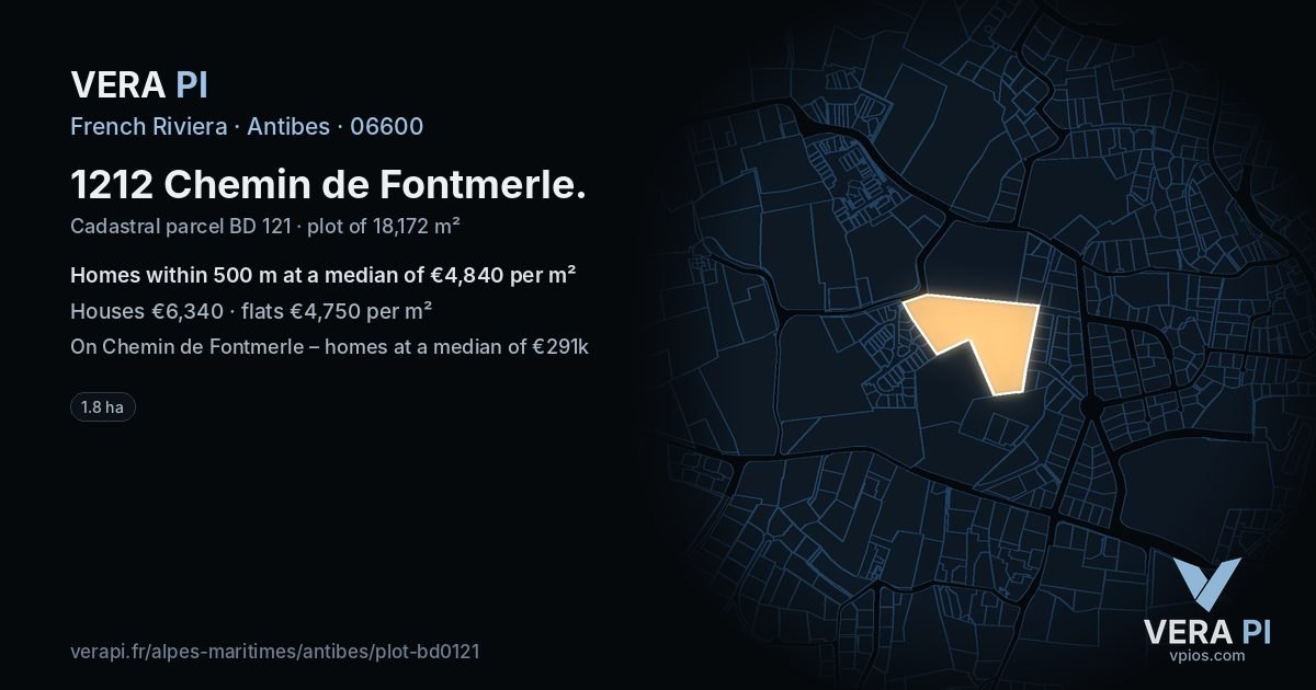 1212 Chemin de Fontmerle, Antibes at night – the plot lit, the parcels around coloured by the prices near them