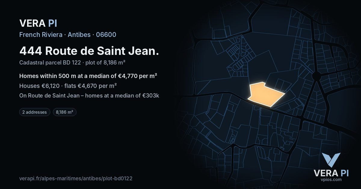 444 Route de Saint Jean, Antibes at night – the plot lit, the parcels around coloured by the prices near them