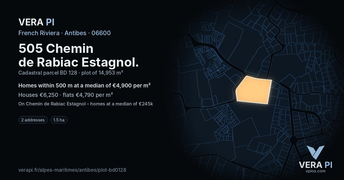 505 Chemin de Rabiac Estagnol, Antibes at night – the plot lit, the parcels around coloured by the prices near them