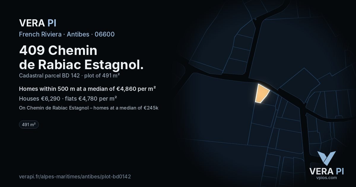 409 Chemin de Rabiac Estagnol, Antibes at night – the plot lit, the parcels around coloured by the prices near them