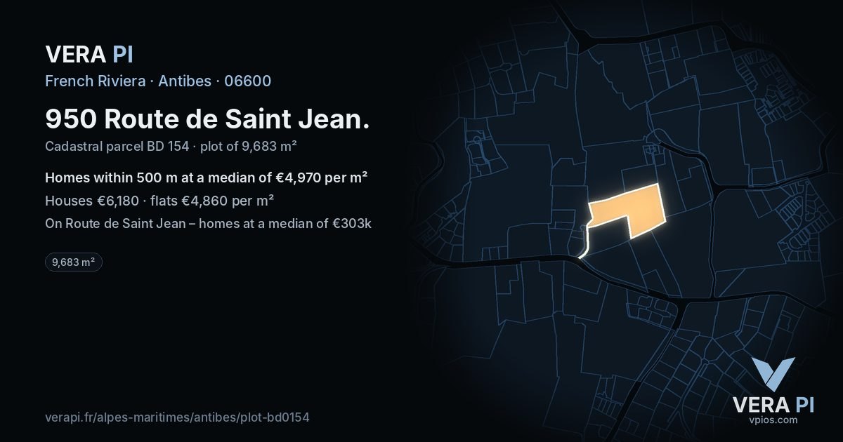 950 Route de Saint Jean, Antibes at night – the plot lit, the parcels around coloured by the prices near them