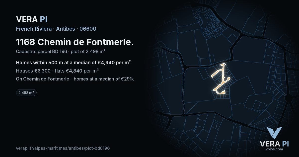 1168 Chemin de Fontmerle, Antibes at night – the plot lit, the parcels around coloured by the prices near them